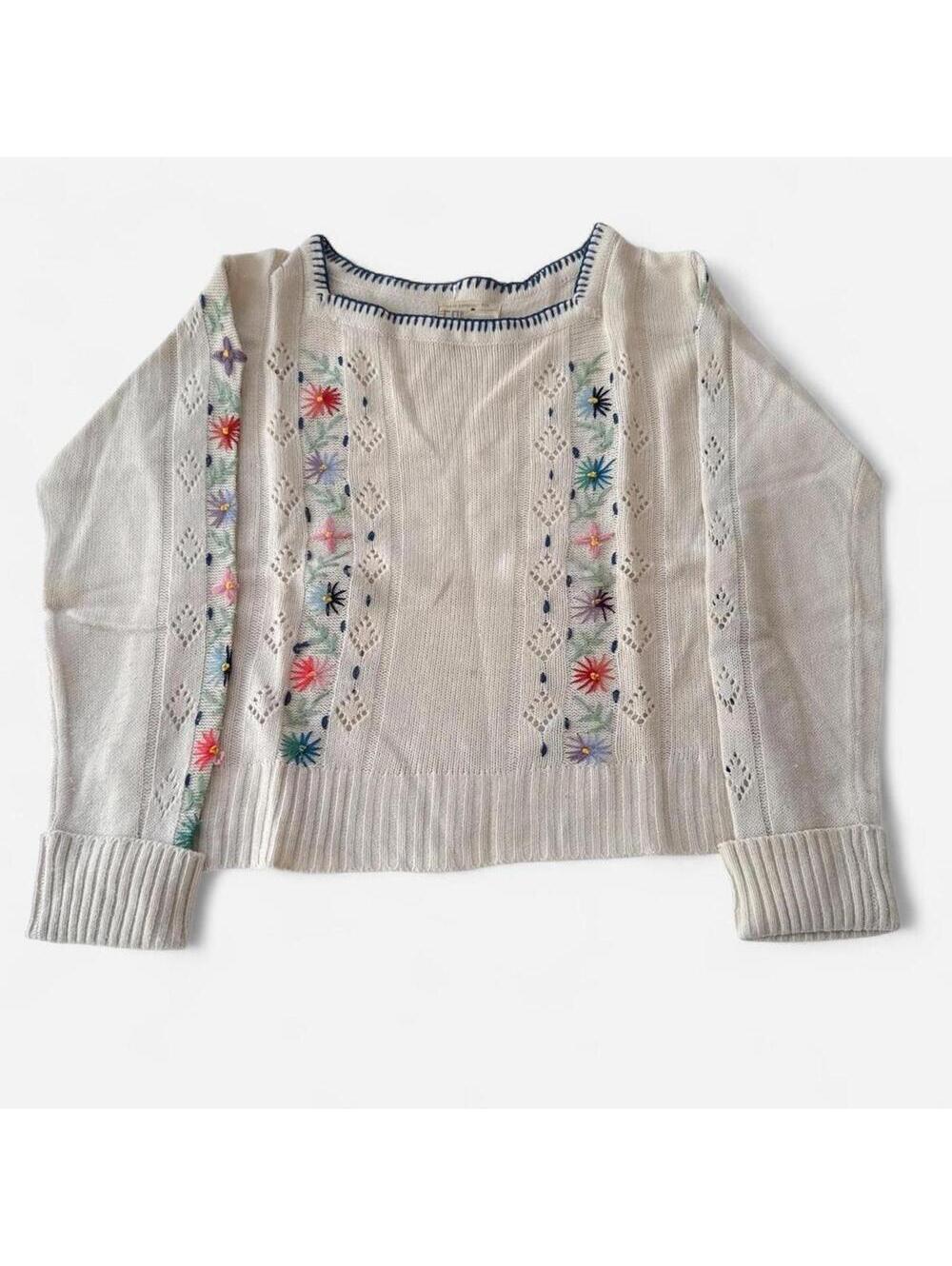 Vintage 80s 90s Floral Embroidered Sweater Made in Korea Fairy Boho Whimsy